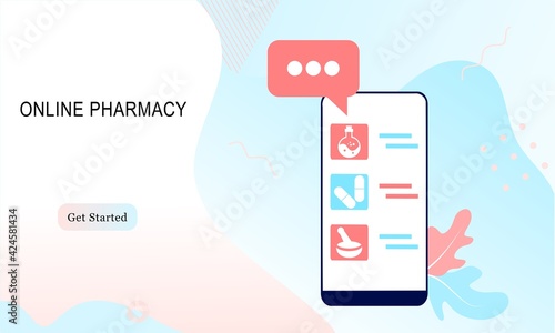 Landing page of Online pharmacy, healthcare, drugstore and e-commerce app concept. Vector of prescription drugs, first aid kit and medical supplies being sold online via web or smartphone application.