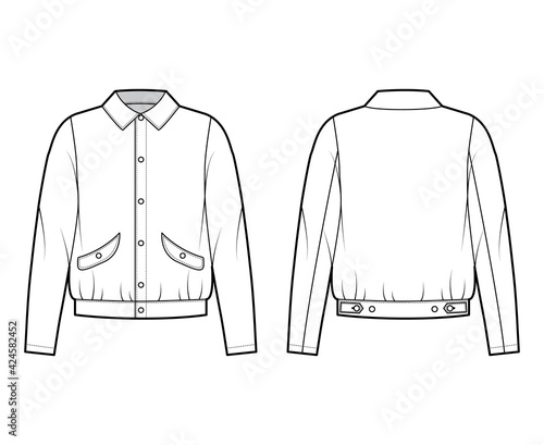 Blouson jacket technical fashion illustration with classic collar, oversized, long sleeves, flap pockets, snap fastening. Flat coat template front, back white color. Women men unisex top CAD mockup