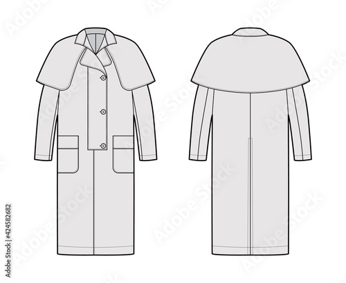 Duster coat technical fashion illustration with long sleeves, napoleon lapel collar, oversized, midi length, cape. Flat jacket template front, back, grey color style. Women, men, unisex top CAD mockup