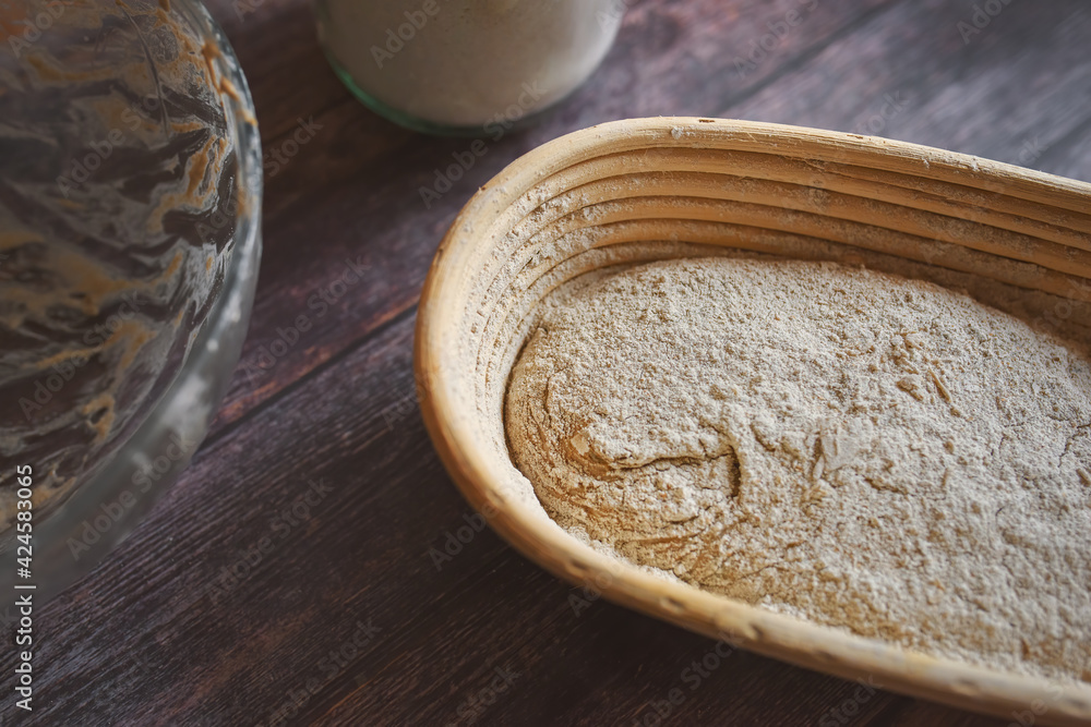A close up view of a basket with sourdough bread before leavening and baking. A close up view of a basket with sourdough bread before leavening and baking.