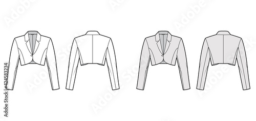 Bolero jacket technical fashion illustration with crop waist length, long sleeves, notched collar, button closure. Flat blazer template front, back, white, grey color style. Women, men top CAD mockup