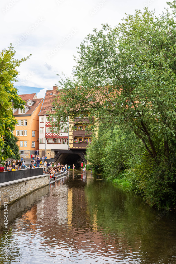 ERFURT, GERMANY, 28 JULY 2020:  The Kramerbrucke, the Merchants' Bridge, continously inhabited for over 500 years