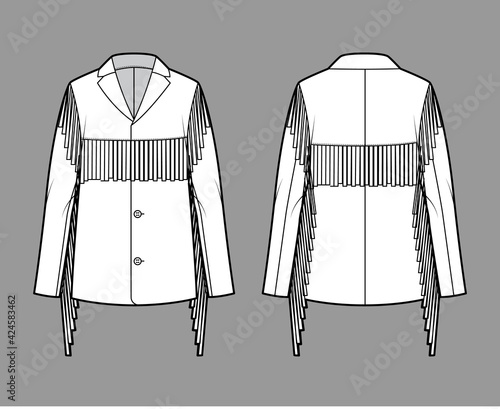 Western jacket technical fashion illustration with fringe, oversized, long sleeves, notched collar, button opening, yoke. Flat coat template front, back, white color style. Women, men, top CAD mockup