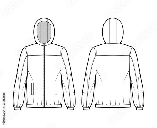 Windbreaker jacket technical fashion illustration with hood, oversized, long sleeves, welt pockets, zip-up opening. Flat coat template front, back white color style. Women, men, unisex top CAD mockup