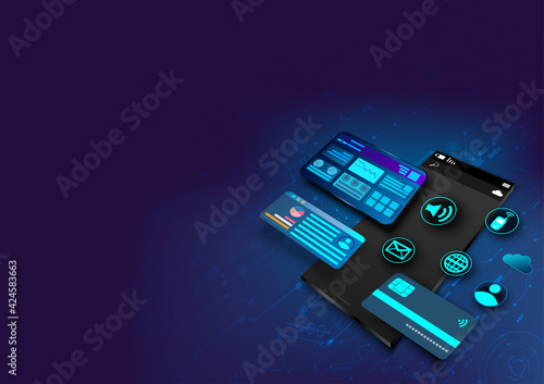 Technology with Smartphone digital logo.Abstract cyber security and fingerprints blue light.Mobile app,innovation,digital technology, program developers.Vector modern technology and Internet things.