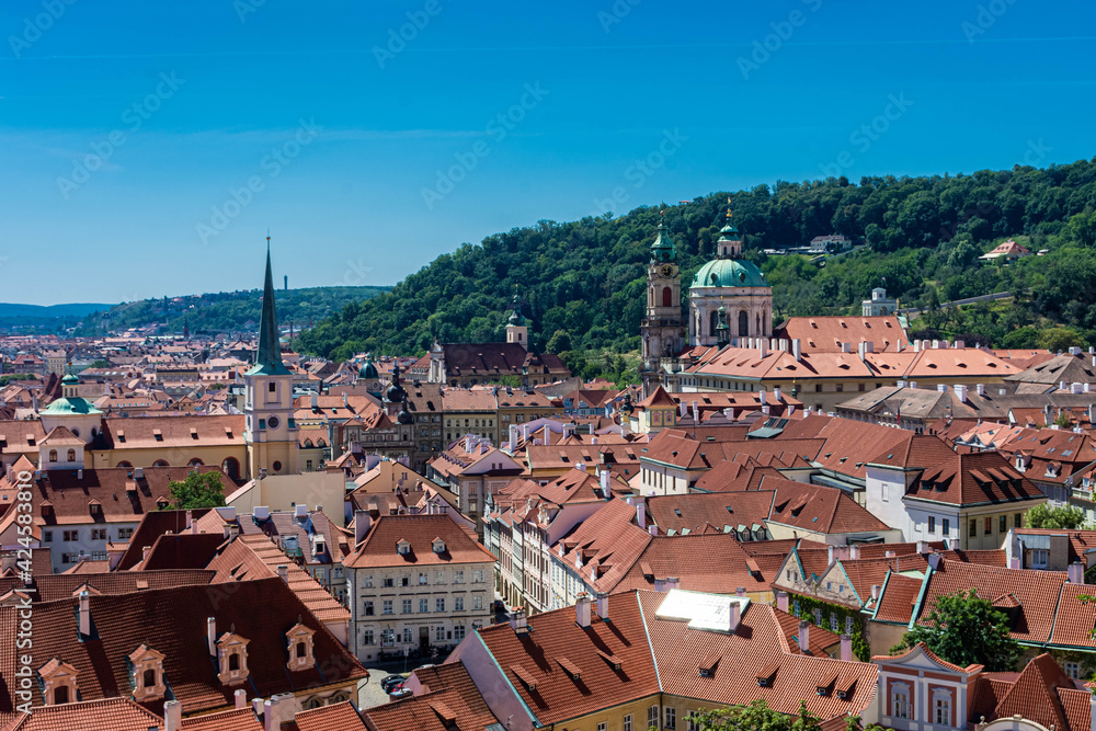 PRAGUE, CZECH REPUBLIC, 31 JULY 2020: Aerial cityscape of the capital city
