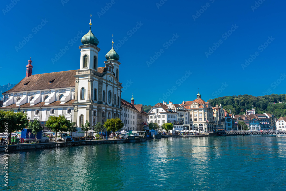 LUCERNE, SWITZERLAND, 8 AUGUST 2020: beautiful view of the Lucerne church and the river