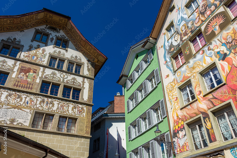 LUCERNE, SWITZERLAND, 8 AUGUST 2020: Colorful houses in the historic center