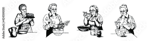 A set of images of grandmothers in a sketch style. Elderly ladies make jam, bake pancakes, beat eggs, dress salad with mayonnaise. Vector illustration, black and white isolated line art.