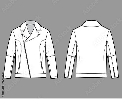 Zip-up biker jacket technical fashion illustration with oversized, zip front fold-over lapels collar, long sleeves, moto details. Flat coat template back white color style. Women unisex top CAD mockup