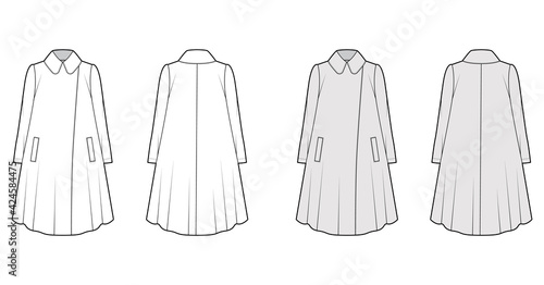 Tent coat technical fashion illustration with long sleeves, round lapel collar, oversized trapeze body, knee length. Flat jacket template front, back, white, grey color. Women, men, unisex CAD mockup