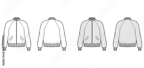 Zip-up Bomber ma-1 flight jacket technical fashion illustration with Rib baseball collar, raglan sleeves, flap pockets. Flat coat template front, back white grey color. Women men unisex top CAD mockup