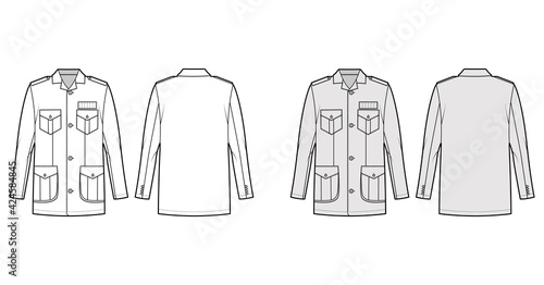 Safari jacket technical fashion illustration with oversized, open collar, long sleeve, flap pockets, button fastening. Flat coat template front, back white, grey color. Women men unisex top CAD mockup