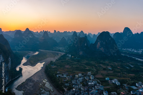 Amazing sunset over the karst landscape of Xingping, Guilin, China
