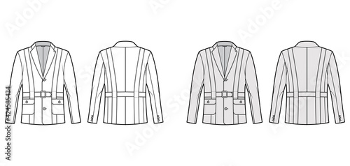 Norfolk jacket technical fashion illustration with belt, oversized, long sleeves, notched collar, button opening. Flat coat template front, back, white, grey color style. Women, men, unisex CAD mockup