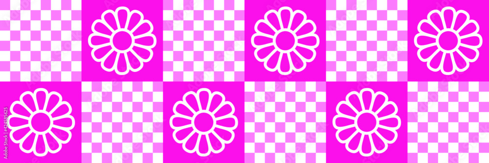 Seamless pattern. Flowers. Checkers ornament. Background. Template for fabric or wrapping. Modern textile. Pink. White. Wallpapers. Fabric design.