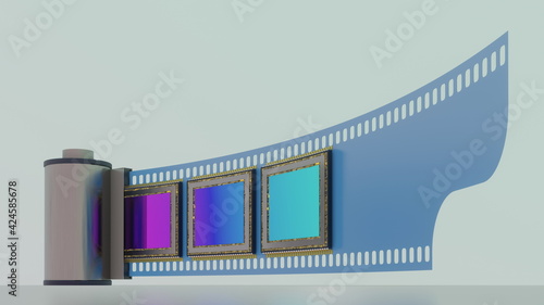 Concept of of evolution in photographic technology, film and dital camera sensors, low viewpoint, 3D rendering photo