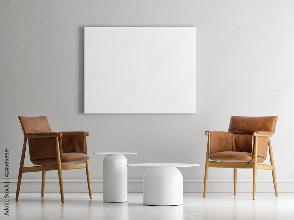 The empty frame on the wall, Minimalism interior composition armchair, table, and plant decoration, 3d render, 3d illustration. The empty frame on the wall, Minimalism interior composition armchair, table, and plant decoration, 3d render, 3d illustration.