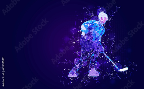 Hockey player illustration with plexus effect over dark blue background, sport concept