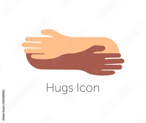 Human hugs hugging hands support and love symbol hugged arms girth silhouette unity and warmth feeling, flat vector illustration, logo template.