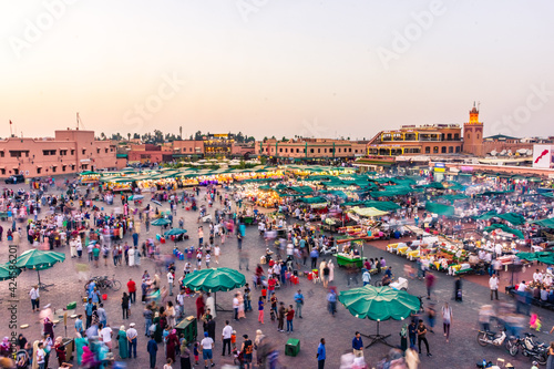 MARRAKECH, MOROCCO, SEPTEMBER 3 2018: Djemaa El Fna market square from above at sunset