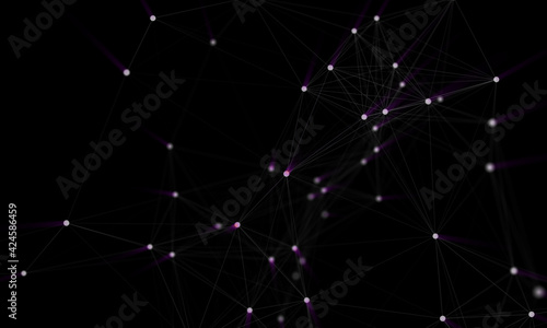 Abstract black and white digital background with connected cybernetic particles