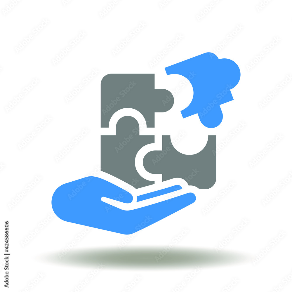 Hand hold solved puzzle pieces vector icon. Give good solution symbol. Business solutions logo. Hand hold solved puzzle pieces vector icon. Give good solution symbol. Business solutions logo.