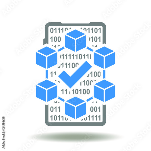 Smartphone with block chain structure algorithm and check mark vector icon. Smart contract electronic technology symbol.
