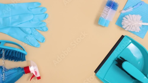 Wallpaper Mural  Flat lay stop motion of cleaning tools and household sanitary for house works with copy space Torontodigital.ca