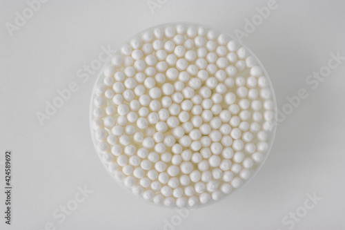 Cotton buds, pads and more for clinics and treatments. White cotton appliances for healthcare during the pandemic against the virus. High quality.