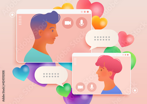 LGBTQ online dating app with two gay men chatting via video call platform. Vector flat illustration.
