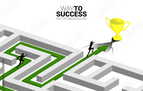 Silhouette of Businessman run on Arrow with route path to exit the maze to golden trophy. Business concept for problem solving and solution strategy