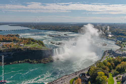 Aerial view of Horseshoe Falls on Niagara river in a sunny autumn day