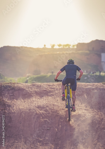 Mountain biking on a training track in action.