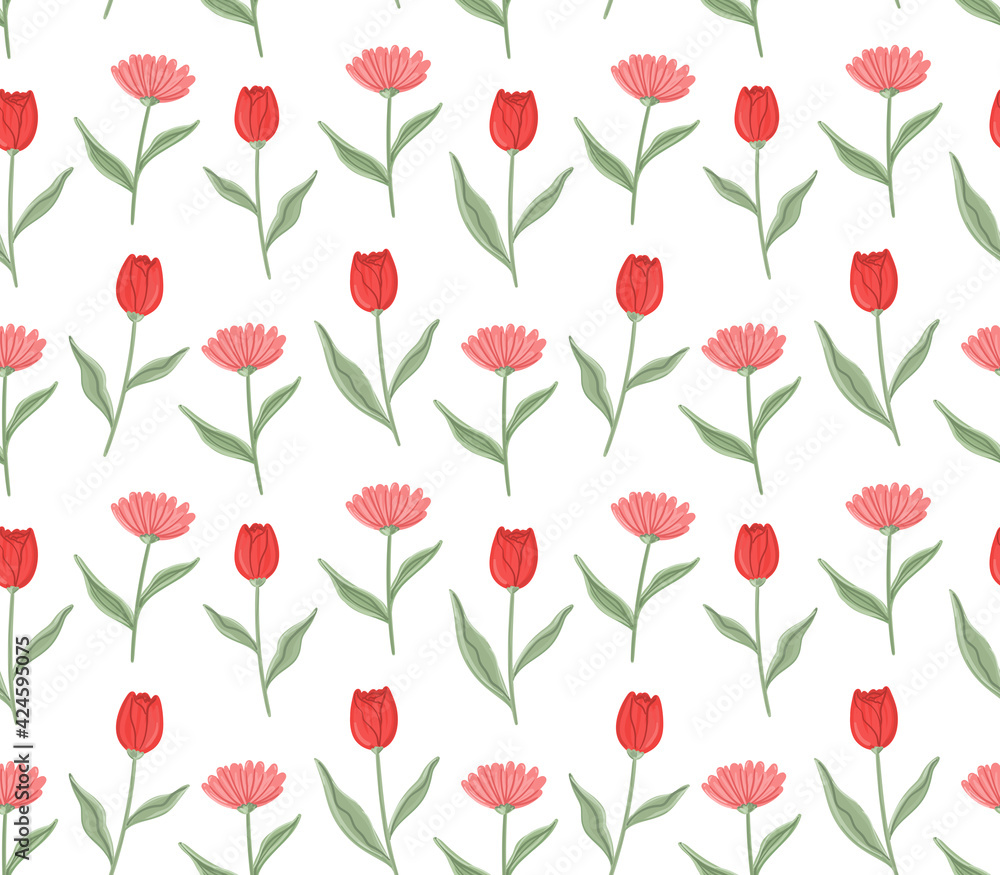 Spring flower vector seamless pattern. Hand drawn floral background
