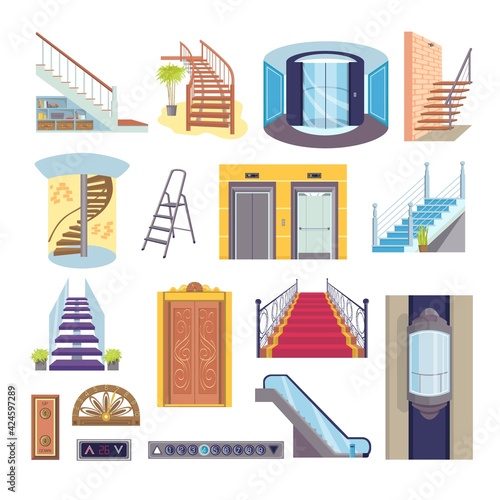 Flat elevator stairs collection, vector illustration. Cartoon step stairs and interior door set. Transport lift inside house, glass and steel elevator