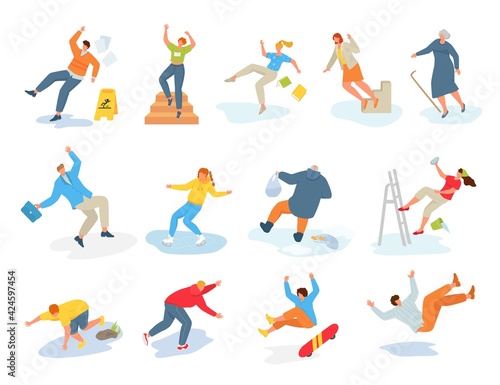 Collection stickers with falling people, vector illustration. Adult man woman character fall on slippery surface. Dangerous action, hurted person.