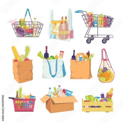 Grocery food in shop basket, cart element set vector illustration. Grocery bags for shopping stickers design. Food packaging in store plastic bag.