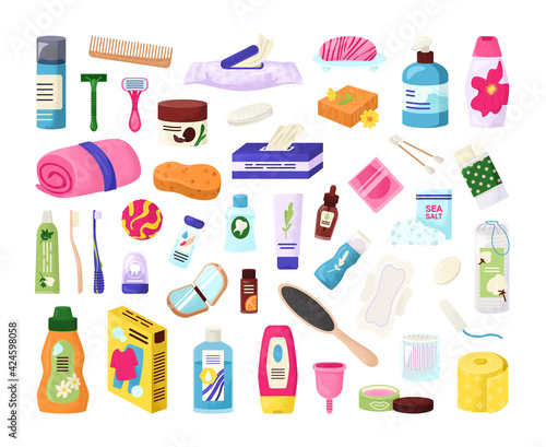 Set elements for hygiene bath product, vector illustration. Hygiene products for home beauty wellness design. Bathroom care accessories concept photo