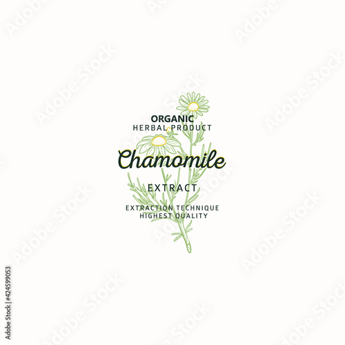 Chamomile symbol natural logo, vector brand identity in line sketch style. Hand drawn nature label. 