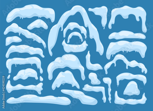 Snow caps flat elements collection, vector illustration. Snowy season, natura...