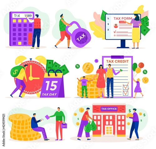 Tax service, element set vector illustrations. Economy investment promotion collection, taxes in daily life population concept.