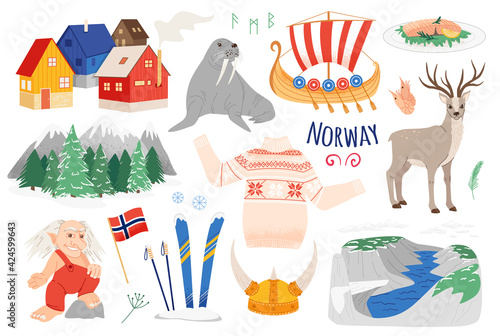 Norway vector icon set in a naive style. Travel Norway illustrations isolated on white. Scandinavian culture
