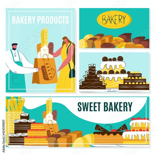 Bakery banner set, vector illustration. Baker man give pastry product to woman flat people. Food element from flour dough concept design
