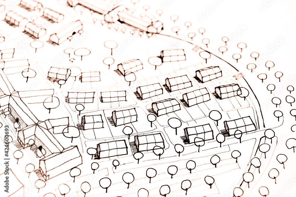 Grafische Zeichnung einer urbanen Situation in Form einer von Hand gefertigten Zeichnung mit Tusche auf Papier