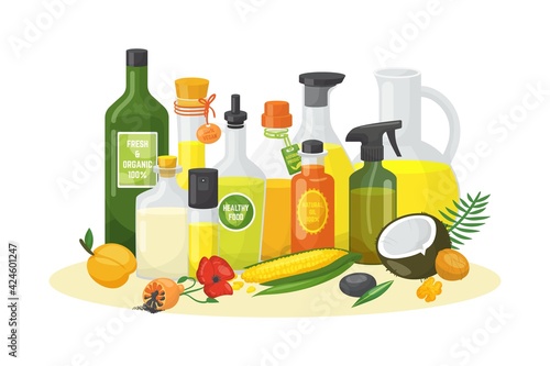 Vegetable oil bottle for organic food, virgin olive oil glass at kitchen, vec...