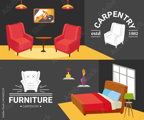 Interior carpentry furniture in house design set, vector illustration. Living...