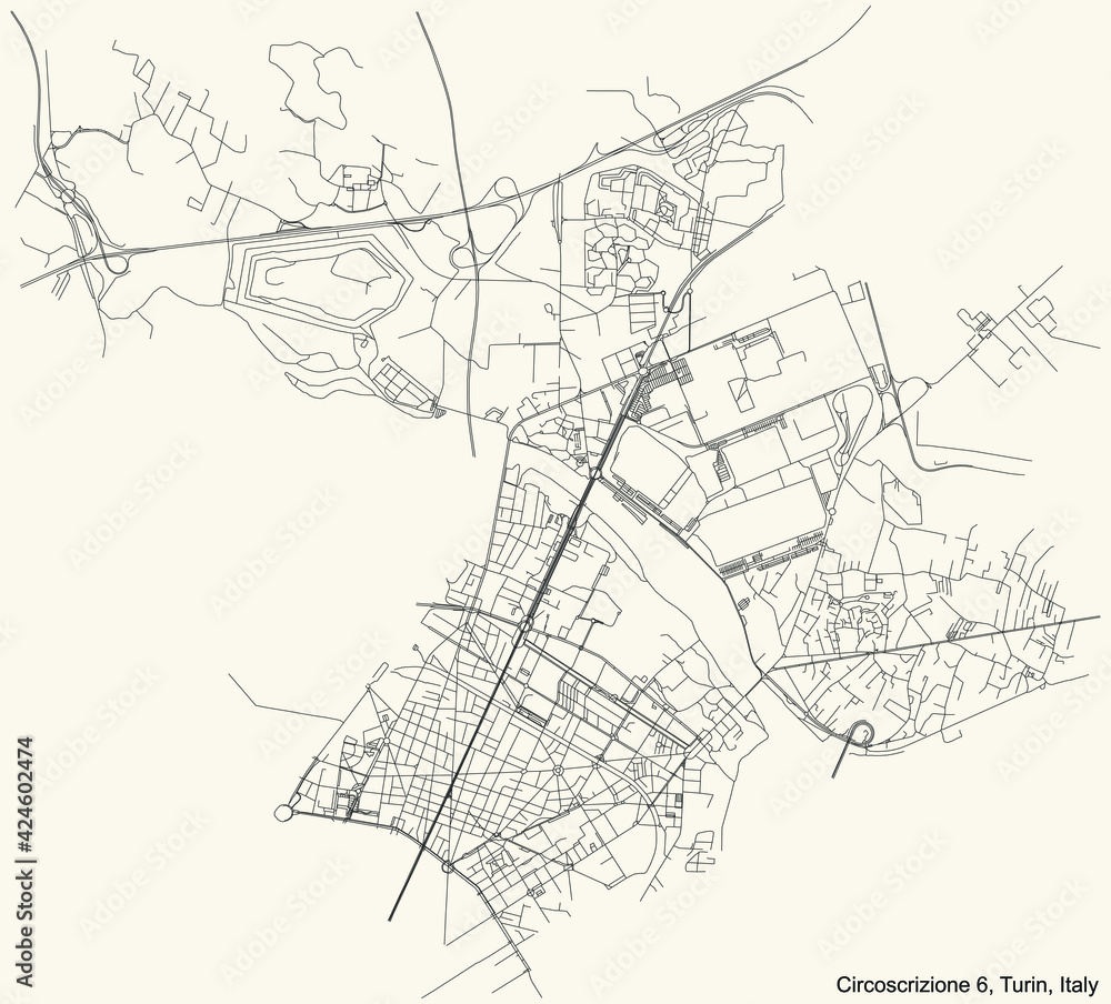 Black simple detailed street roads map on vintage beige background of the borough Circoscrizione 6 (Barriera di Milano, Regio Parco, Barca, Bertolla, Falchera, Rebaudengo, Villaretto) of Turin, Italy