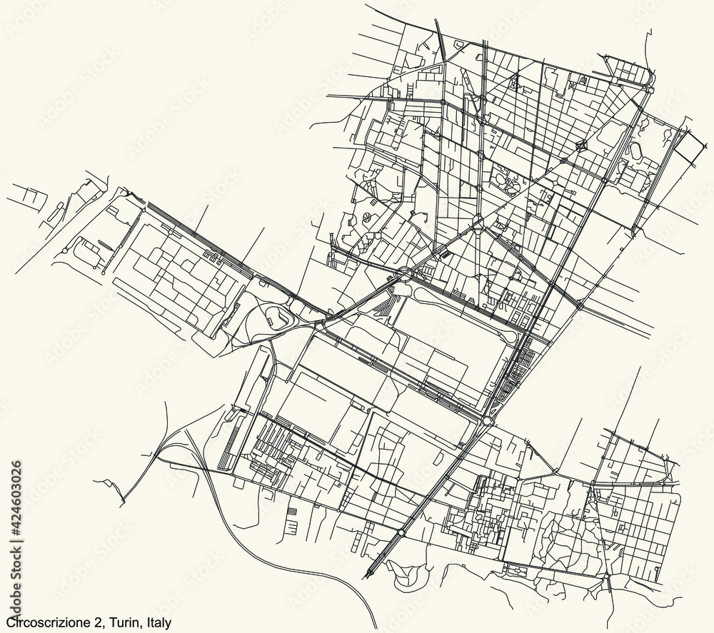 Black simple detailed street roads map on vintage beige background of the borough Circoscrizione 2 (Santa Rita, Mirafiori Nord, Mirafiori Sud) of Turin, Italy