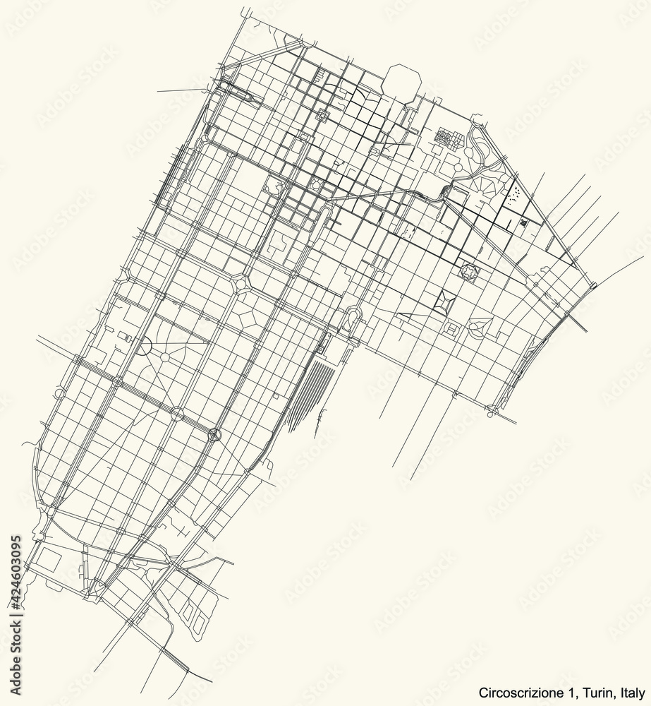 Black simple detailed street roads map on vintage beige background of the borough Circoscrizione 1 (Centro, Crocetta) of Turin, Italy